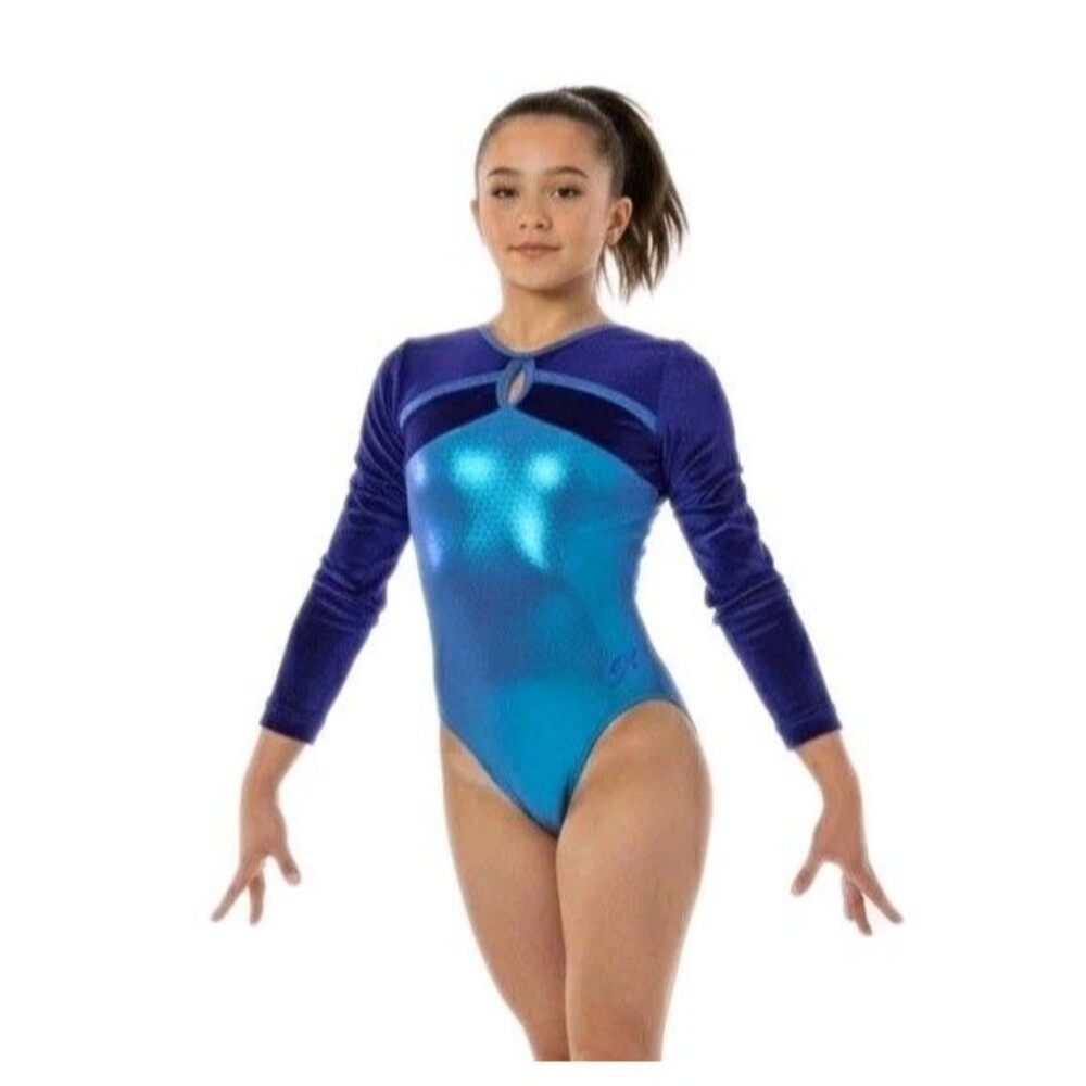 GK Elite VTG Turquoise Metallic LS Velvet Sleeves Keyhole Rear V Leotard Size AS